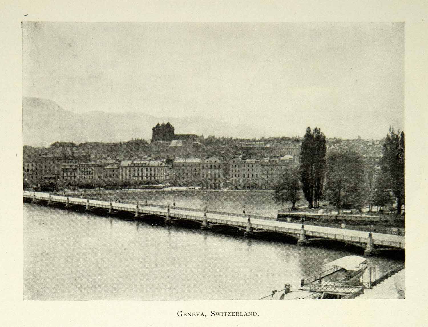 1902 Print Geneva Switzerland Lake Swiss Cityscape Bridge Historic Image BVM1