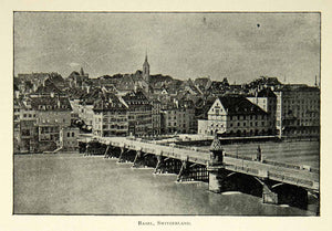1902 Print Basel Switzerland Swiss Cityscape Rhine River Bridge Historic BVM1