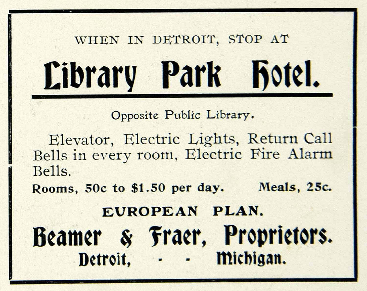 1901 Ad Vintage Library Park Hotel Detroit Michigan Rates Beamer & Fraer BVM1