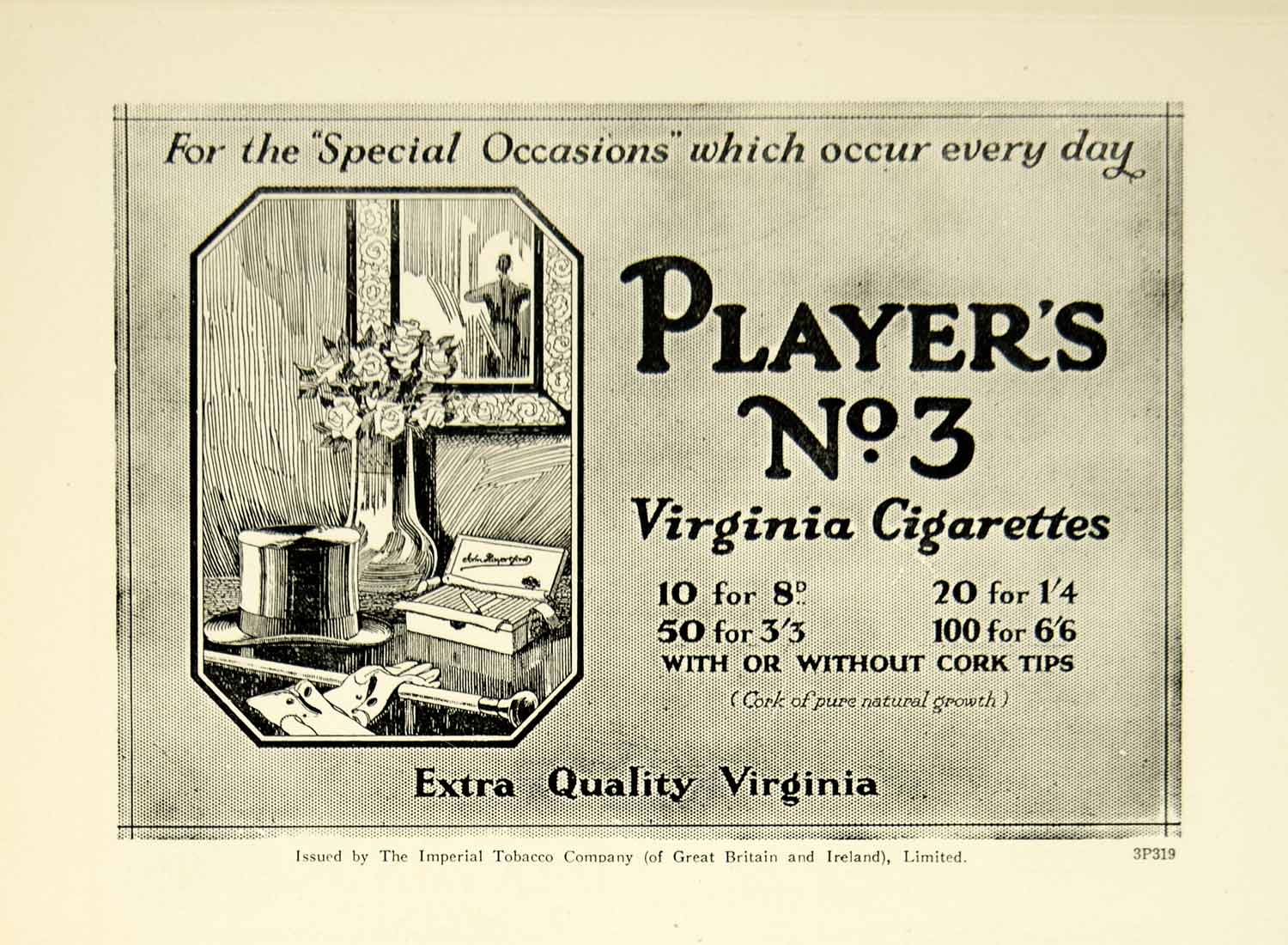 1928 Ad Players No 3 Virginia Cigarettes Imperial Tobacco Smoking Vanity CA1