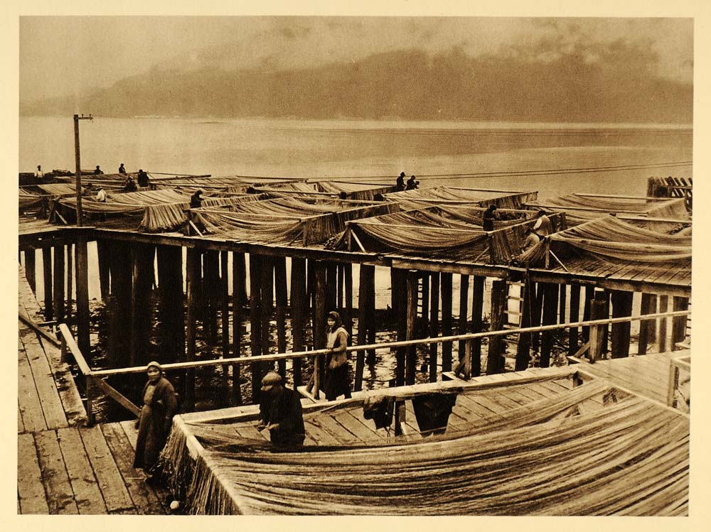 1926 Canadian Indians Drying Fishing Nets BC Canada - ORIGINAL PHOTOGRAVURE CAN2