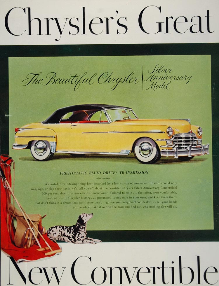 1949 Ad Chrysler Yellow Convertible Dalmatian Dog Polo - ORIGINAL CARS5