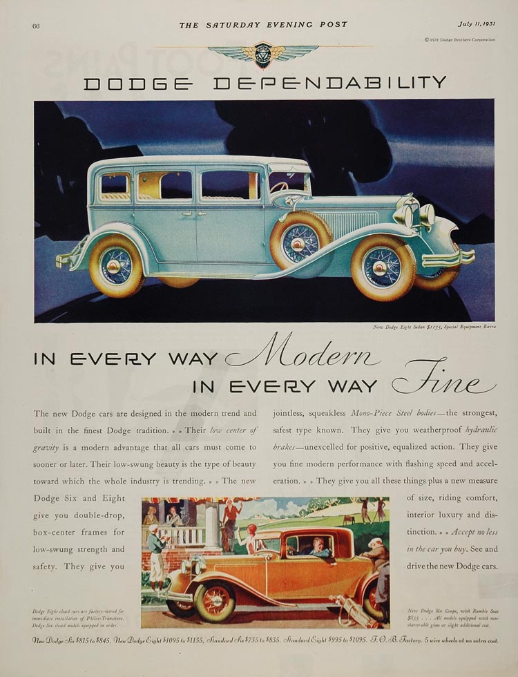 1931 Ad Blue Dodge Eight Sedan Coupe Rumble Seat Car - ORIGINAL CARS5