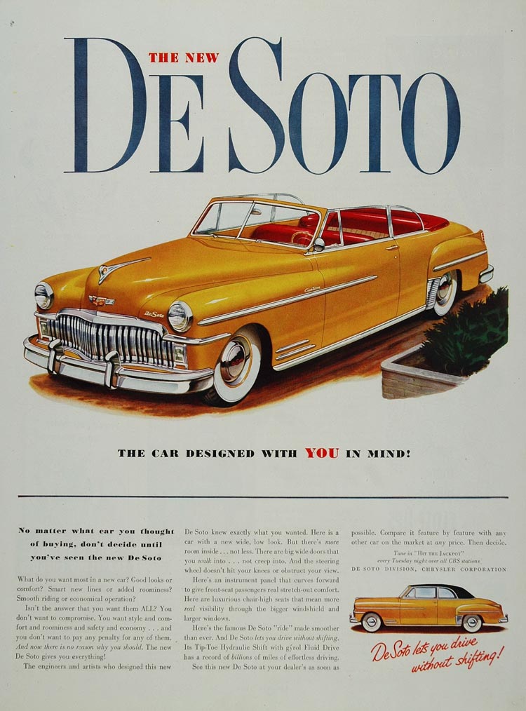 1949 Ad Yellow De Soto Convertible Red Interior Car - ORIGINAL ADVERTISING CARS5