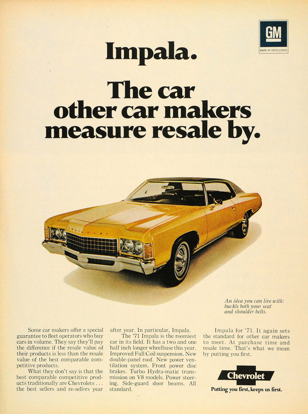 1971 Ad Yellow Chevrolet Impala Turbo Hydra-matic V8 - ORIGINAL CARS7 - Period Paper

