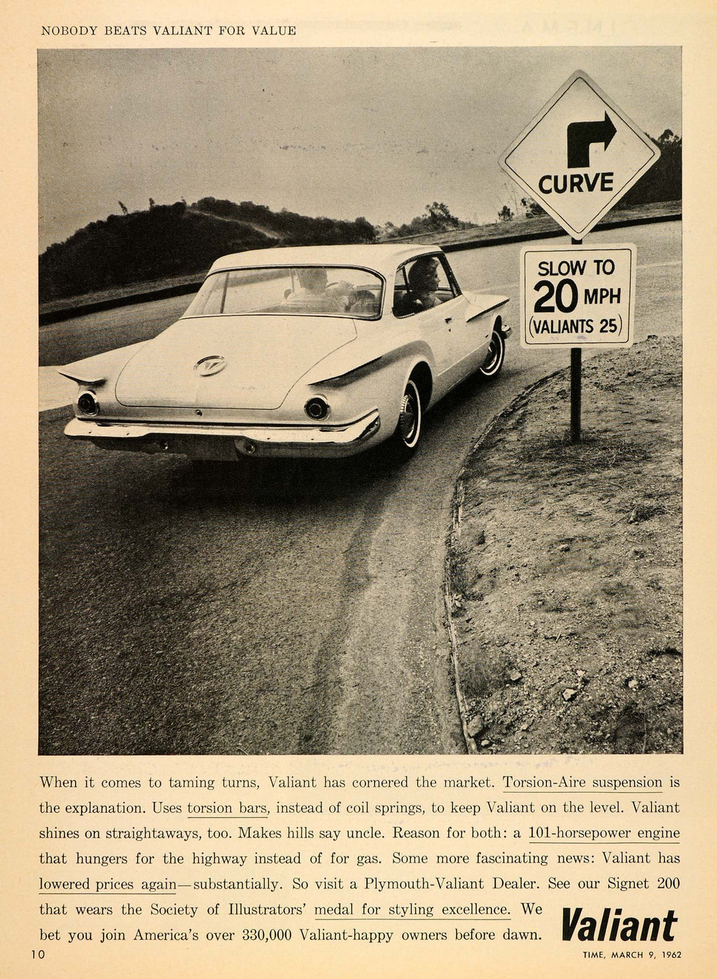 1962 Ad Plymouth Valiant Automobile Curve Traffic Sign - ORIGINAL CARS7 - Period Paper
