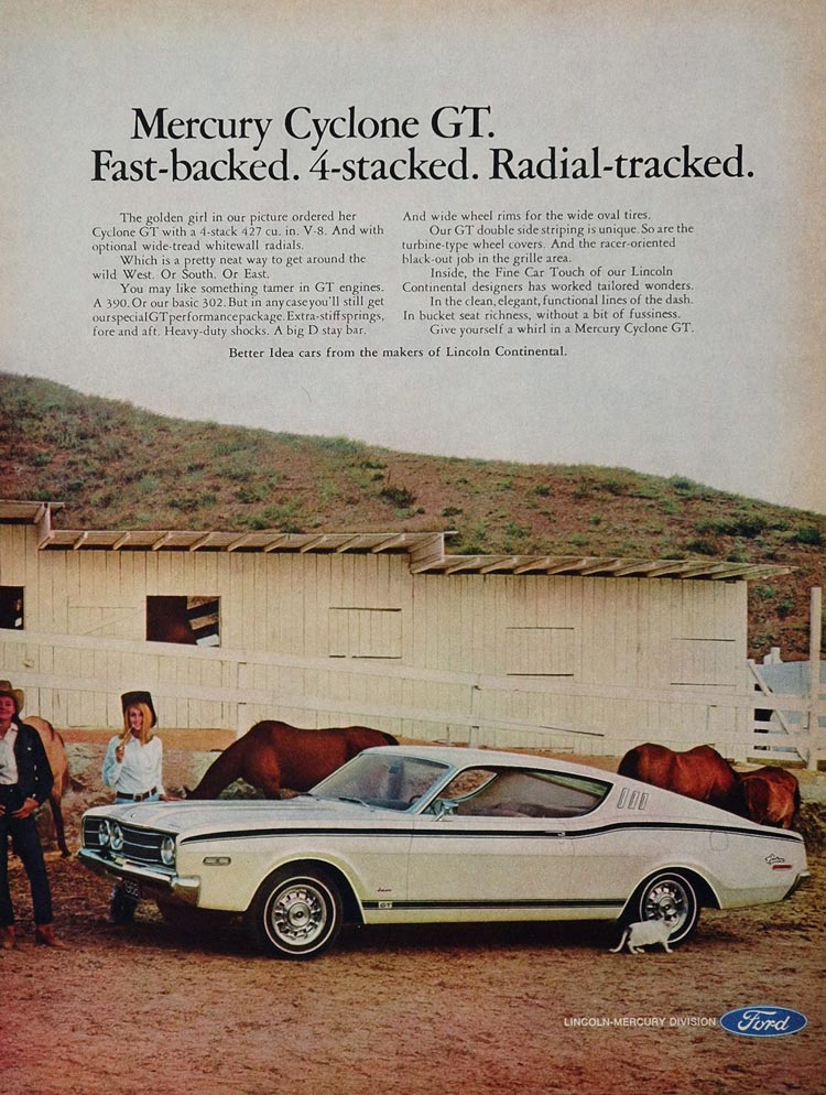 1968 Ad White Ford Mercury Cyclone GT Muscle Car - ORIGINAL