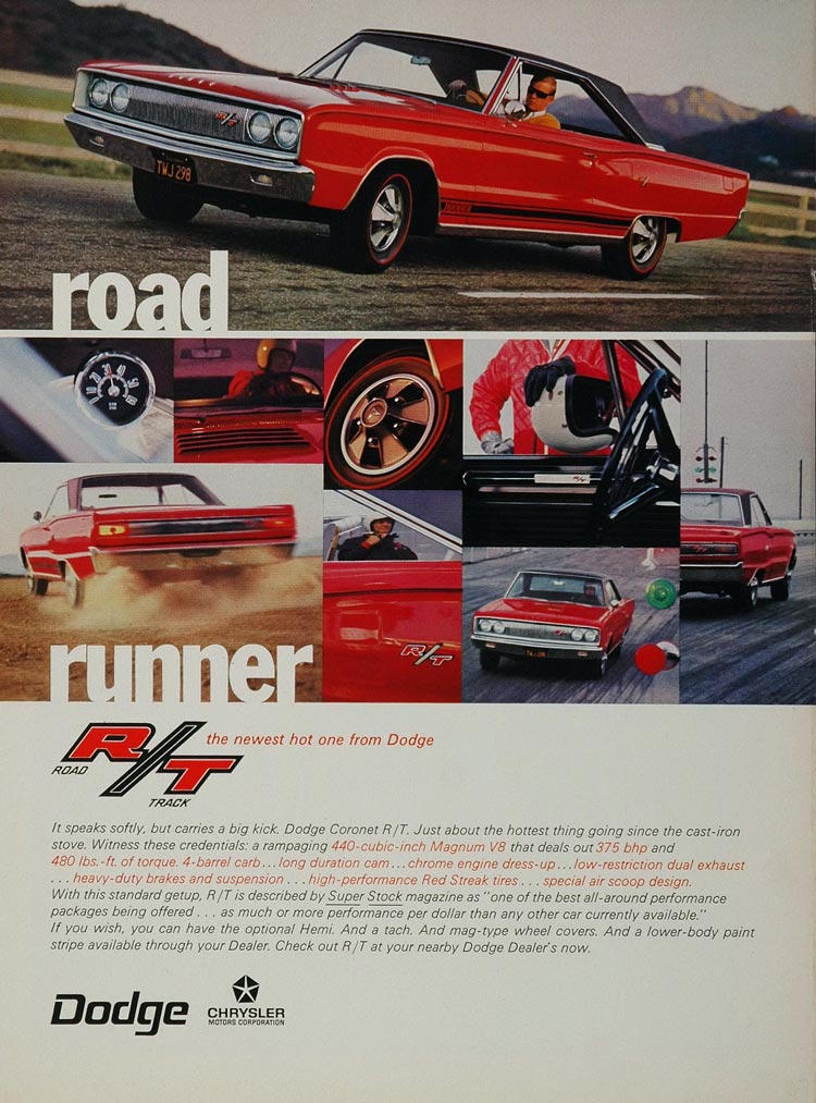 1967 Ad Red Dodge Coronet R/T Muscle Car Road Runner - ORIGINAL CARSSM