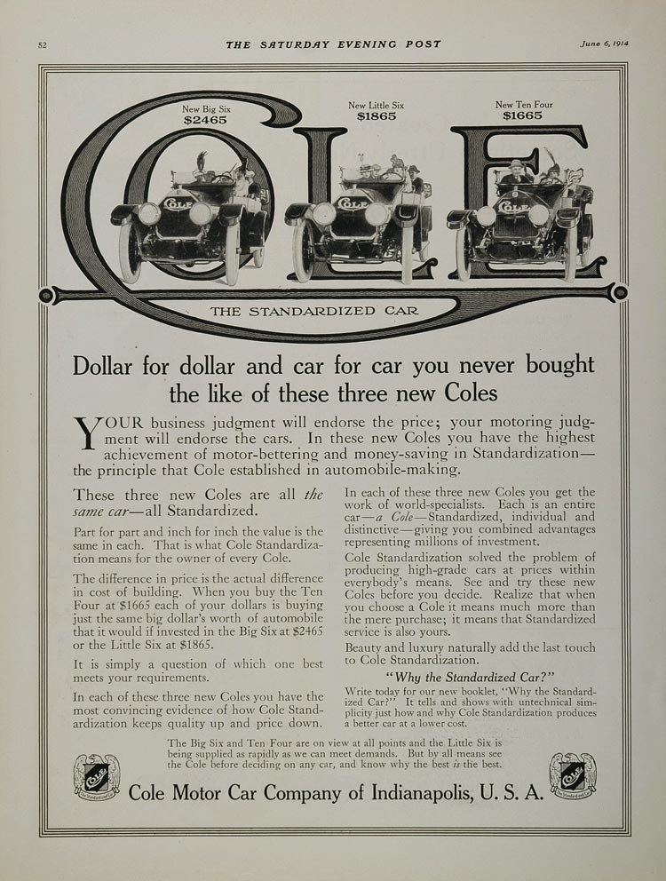 1914 Ad Vintage Cole Automobile Car Prices Indianapolis - ORIGINAL CARS