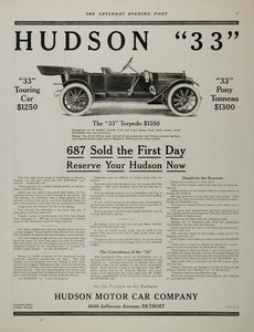 1911 Ad Hudson "33" Torpedo Antique Car Automobile - ORIGINAL ADVERTISING CARS