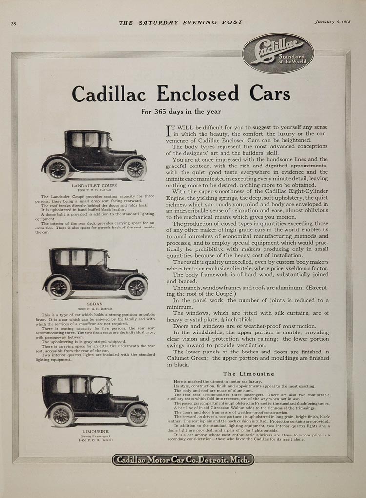 1915 Ad Antique Cadillac Enclosed Cars Limousine Sedan - ORIGINAL CARS