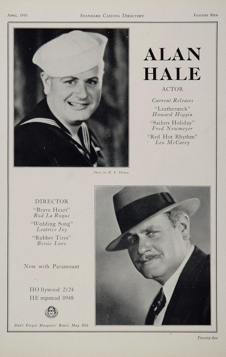 1930 Alan Hale Actor Director Movie Film Casting Ad - ORIGINAL CAST2