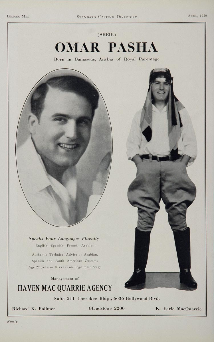 1930 Omar Pasha Arabian Actor Movie Film Casting Ad - ORIGINAL CAST2
