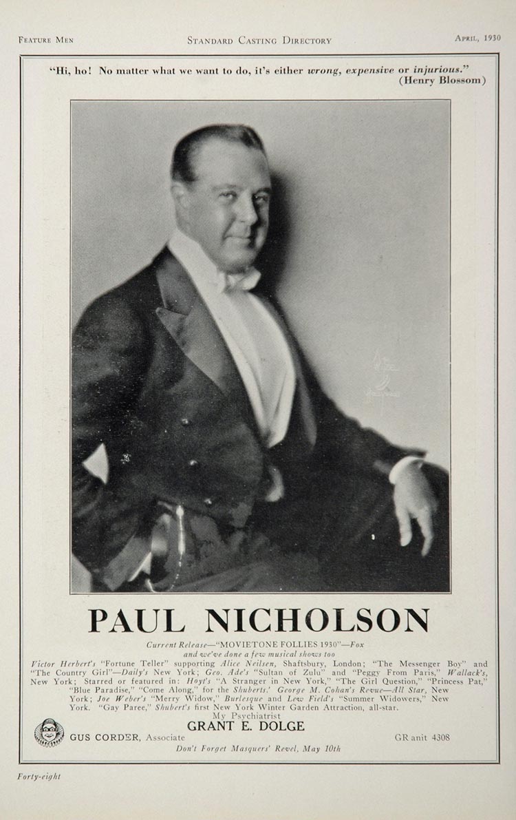 1930 Paul Nicholsons Actor Movie Film Stage Casting Ad - ORIGINAL CAST2