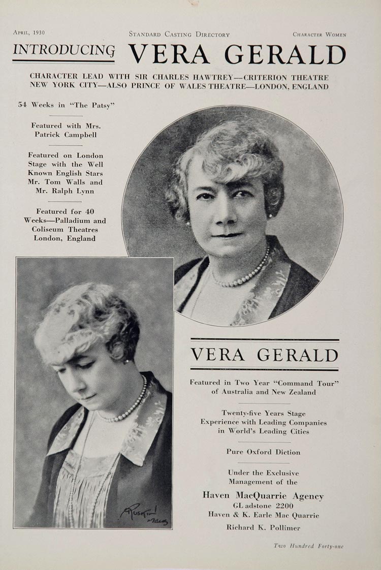 1930 Vera Gerald Character Actress Stage Casting Ad - ORIGINAL CAST2