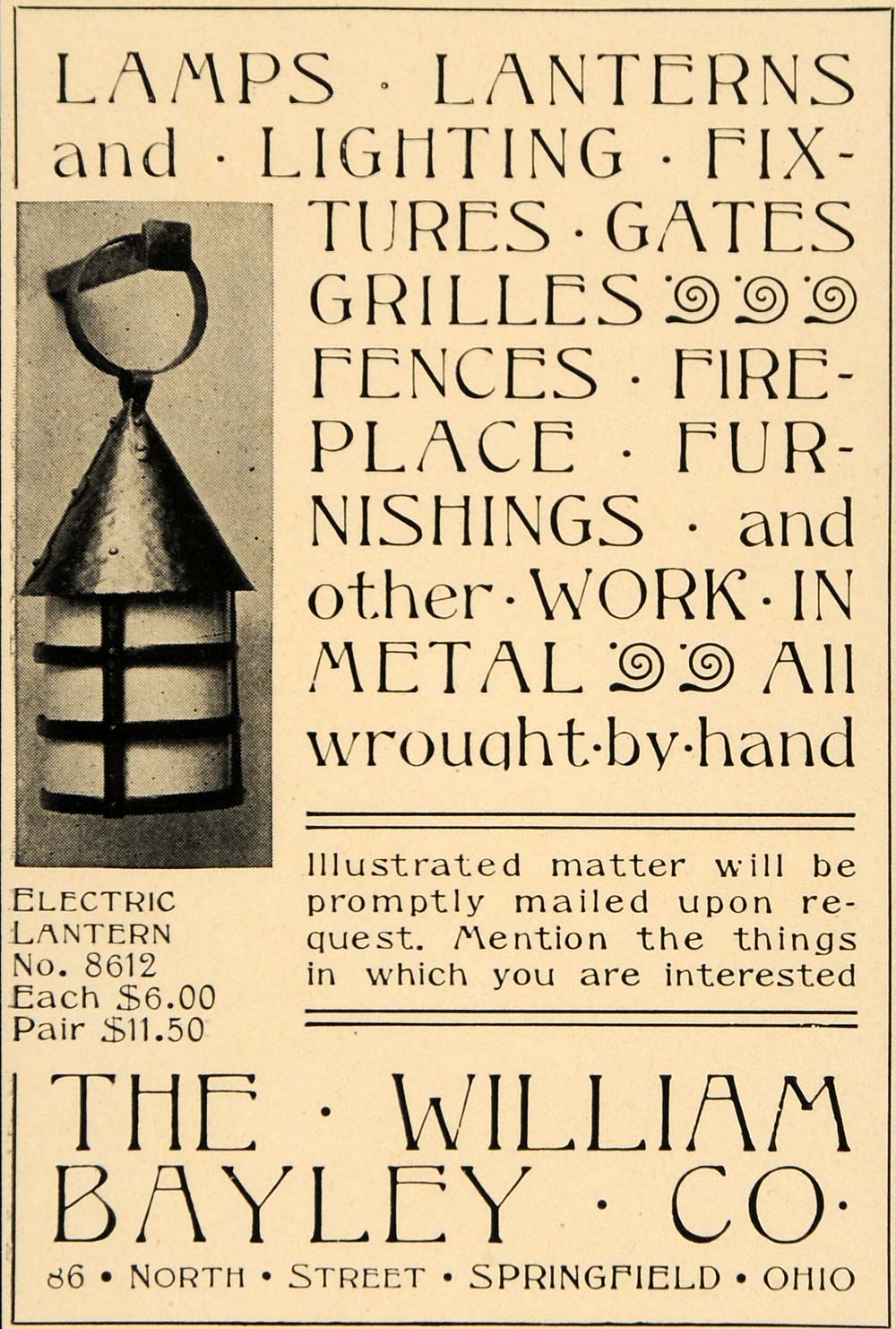 1905 Ad William Bayley Company Electric Lantern Fixture - ORIGINAL CC1