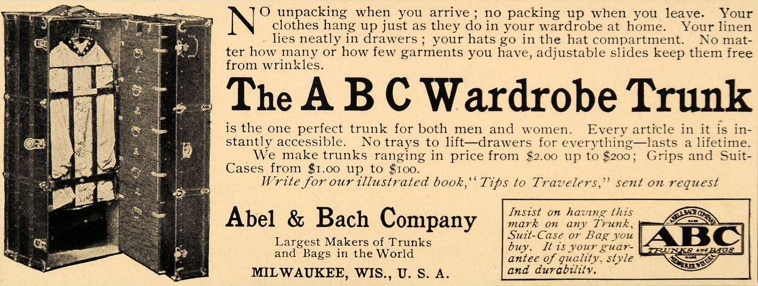 1905 Ad Abel & Bach Antique Suitcase Wardrobe Trunk Bag - ORIGINAL CC1