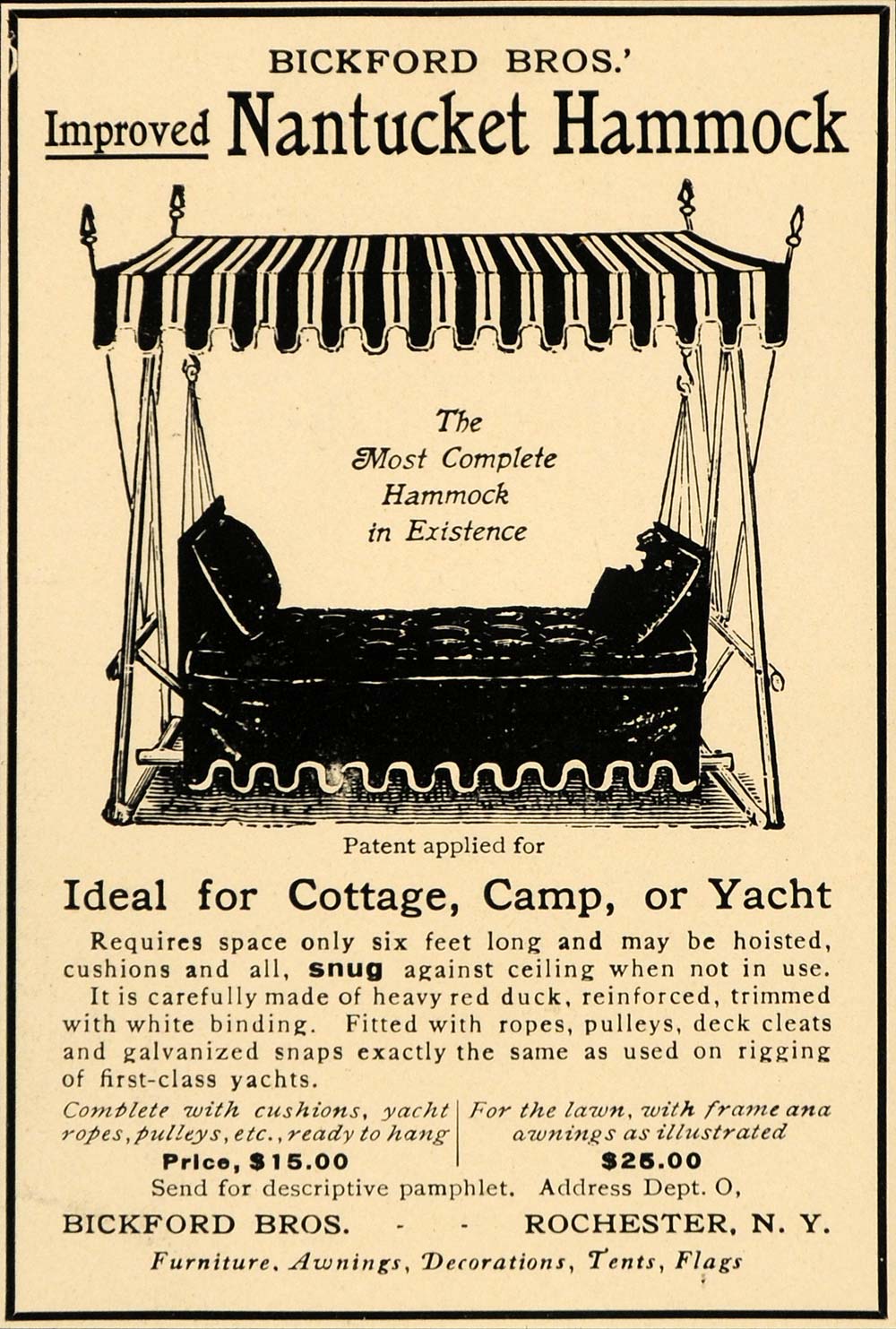 1905 Ad Bickford Brothers Nantucket Hammock Furniture - ORIGINAL ADVERTISING CC1