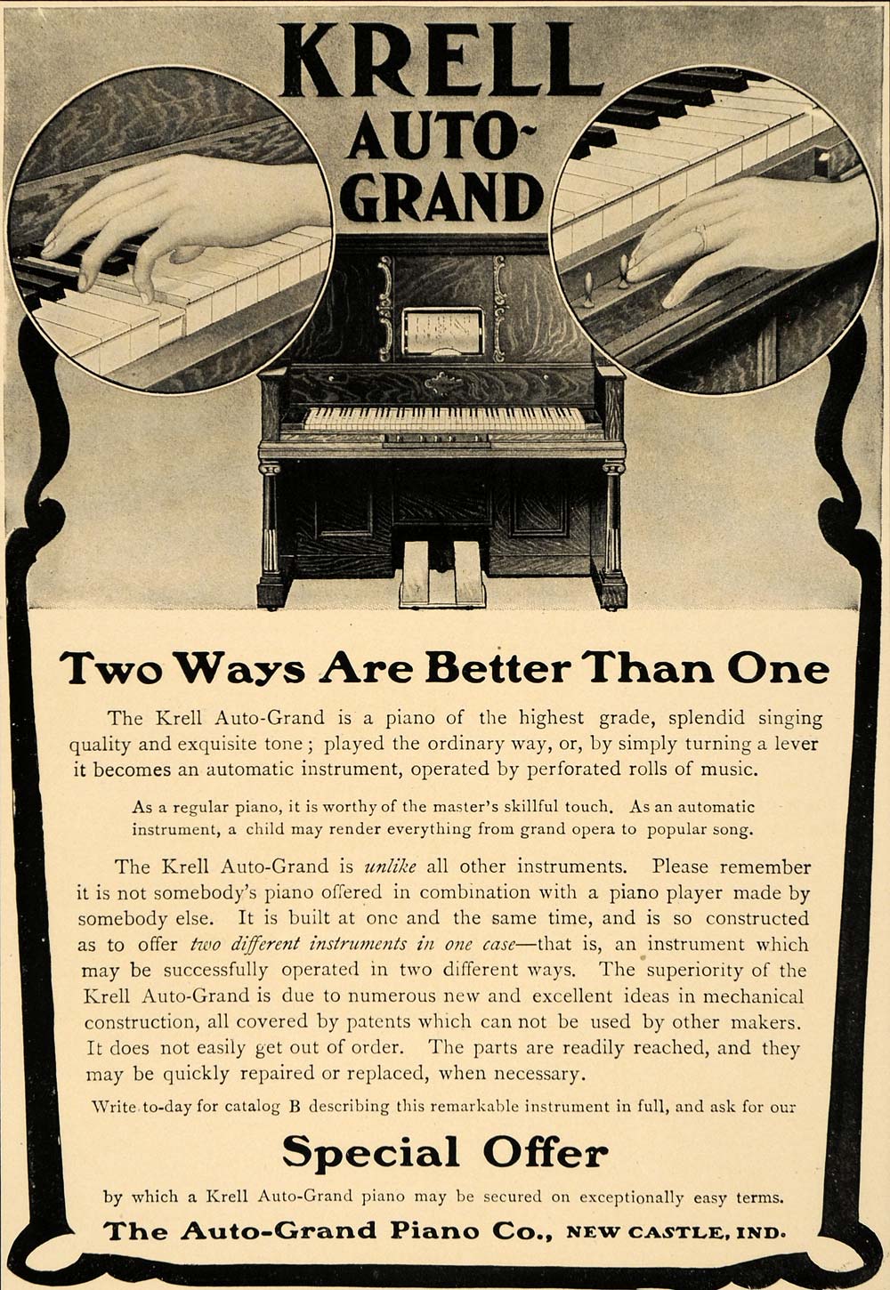 1905 Ad Krell Auto Grand Piano Company New Castle Music - ORIGINAL CC1