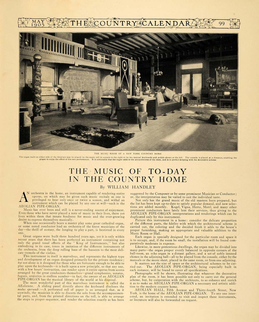 1905 Article William Handley AMAZING Aeolian Pipe Organ - ORIGINAL CC1