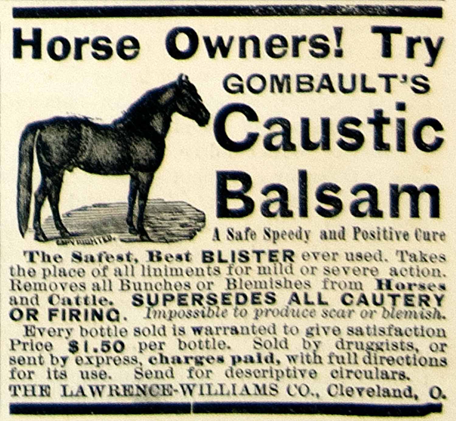 1893 Ad Lawrence-Williams Horse Gombault Caustic Balsam Blister Cure Animal CCG1