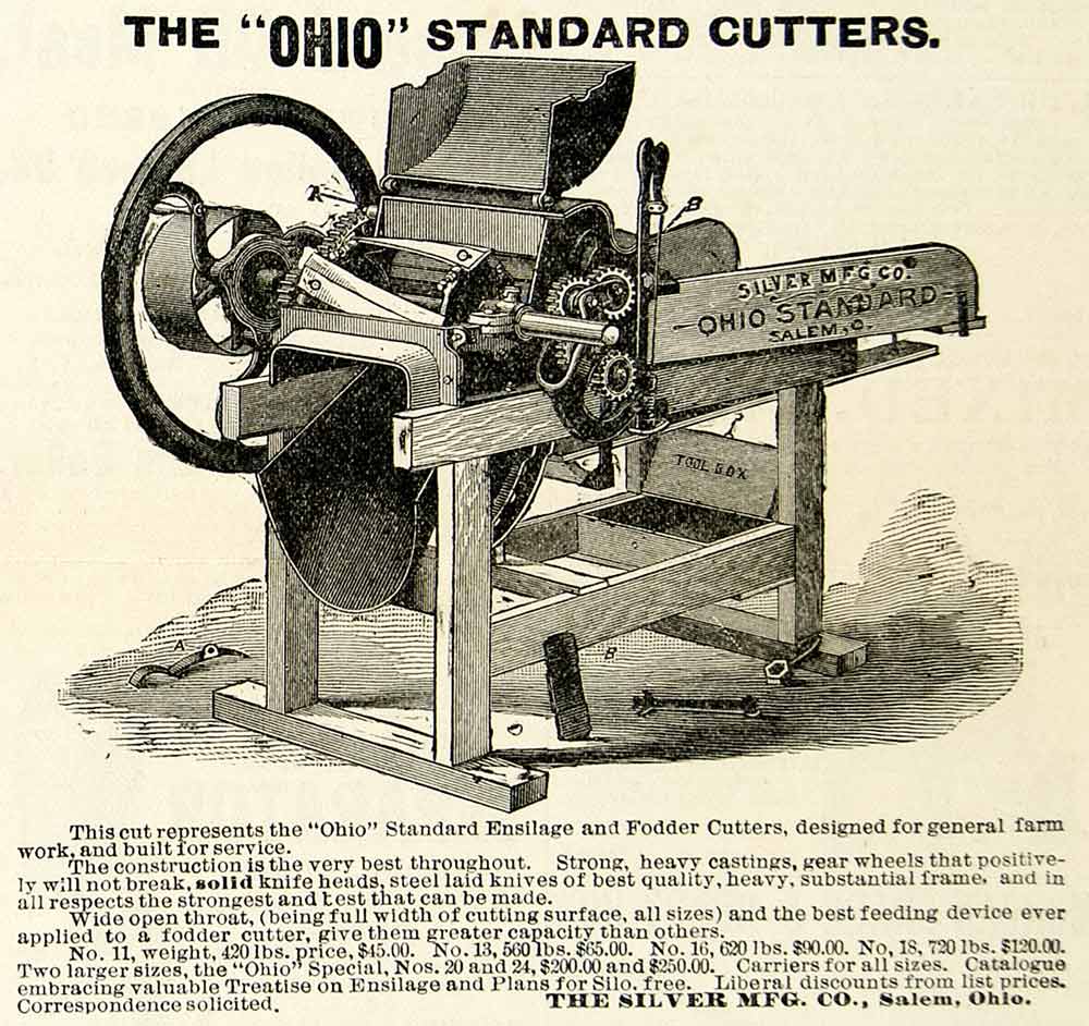 1893 Ad Ohio Standard Fodder Cutter Silver Farm Machinery Ensilage Sal ...