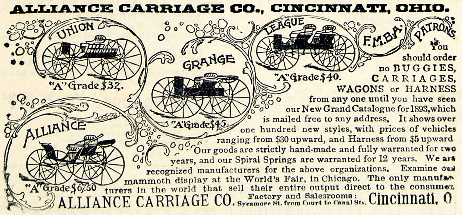 1893 Ad Alliance Carriage Sycamore Canal St Cincinnati Ohio Buggy Union CCG1