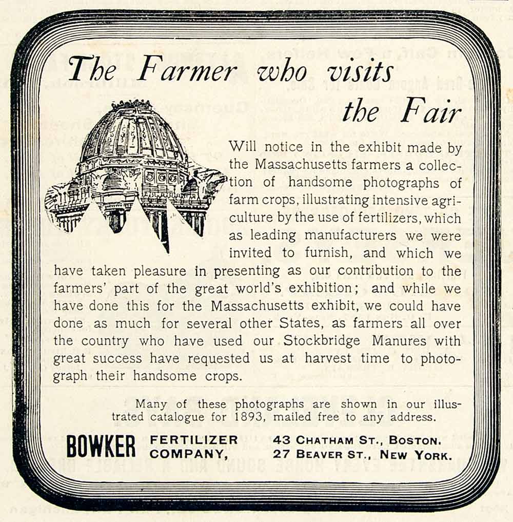 1893 Ad Bowker Stockbridge Manure Chicago Worlds Fair 27 Beaver St NY CCG1