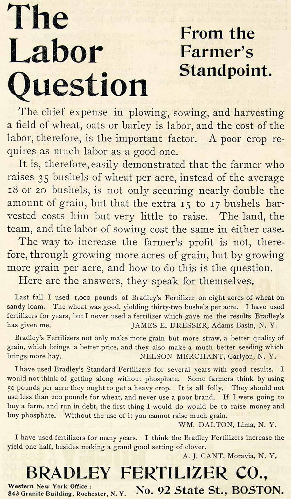 1893 Ad Bradley Fertilizer 92 State St Boston MA Labor Question Farm CCG1