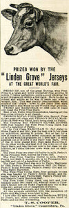 1893 Ad Linden Grove Jersey Cow Cattle Breed Farm Animal Livestock CCG1