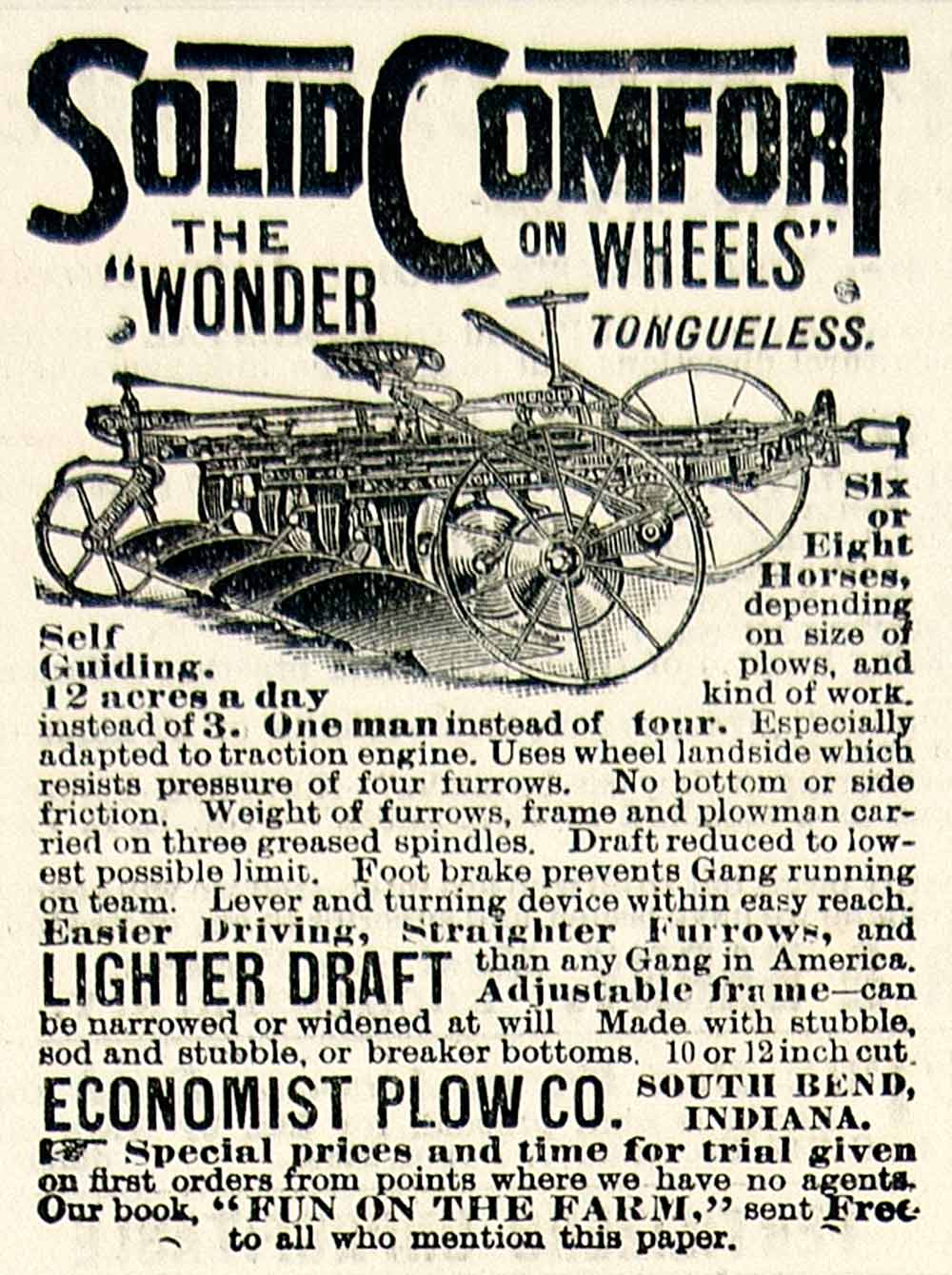 1894 Ad Solid Comfort Economist Plow Farm Machinery Implement Adjustable CCG1