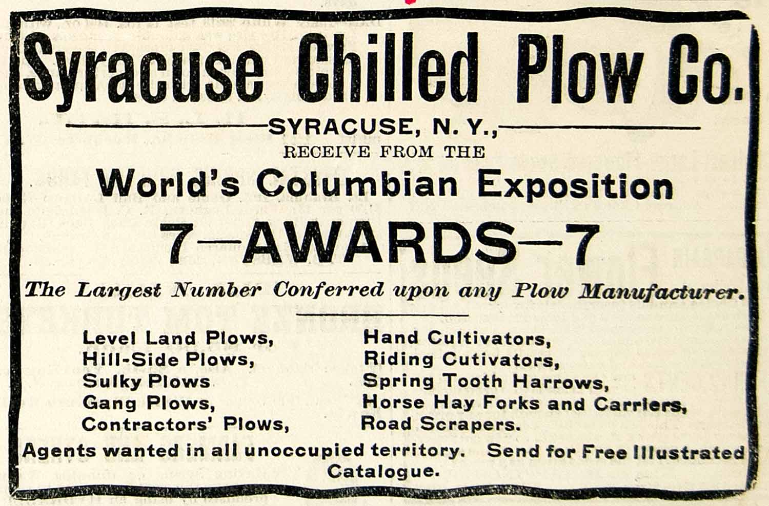 1894 Ad Syracuse NY Chilled Plow Farming Machinery Worlds Columbian CCG1