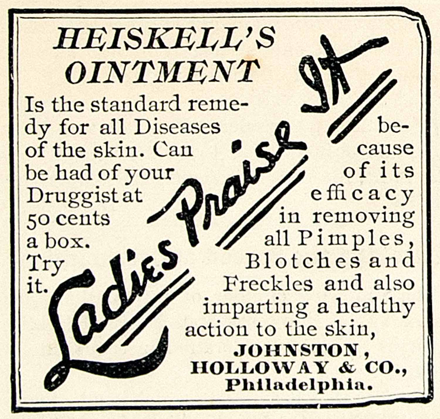 1894 Ad Johnston Holloway Heiskell Ointment Skin Care Ladies Acne Health CCG1