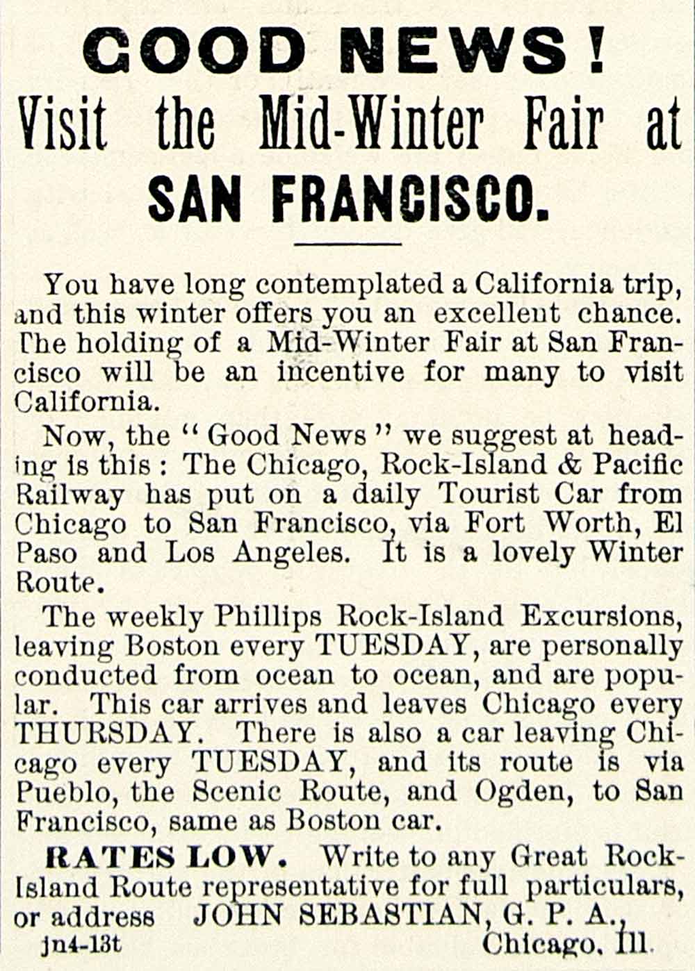 1894 Ad Mid Winter Fair San Francisco CA Chicago Rock Island Pacific CCG1