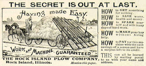 1894 Ad Rock Island Plow Hay Wagon Horse Farmer Field Work Machine CCG1