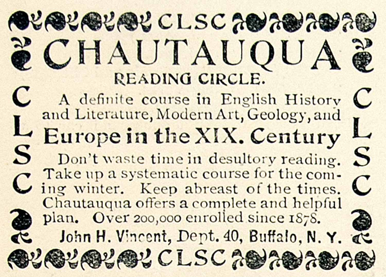 1894 Ad CLSC Chautauqua Reading Circle Course 19th Century Europe John H CCG1
