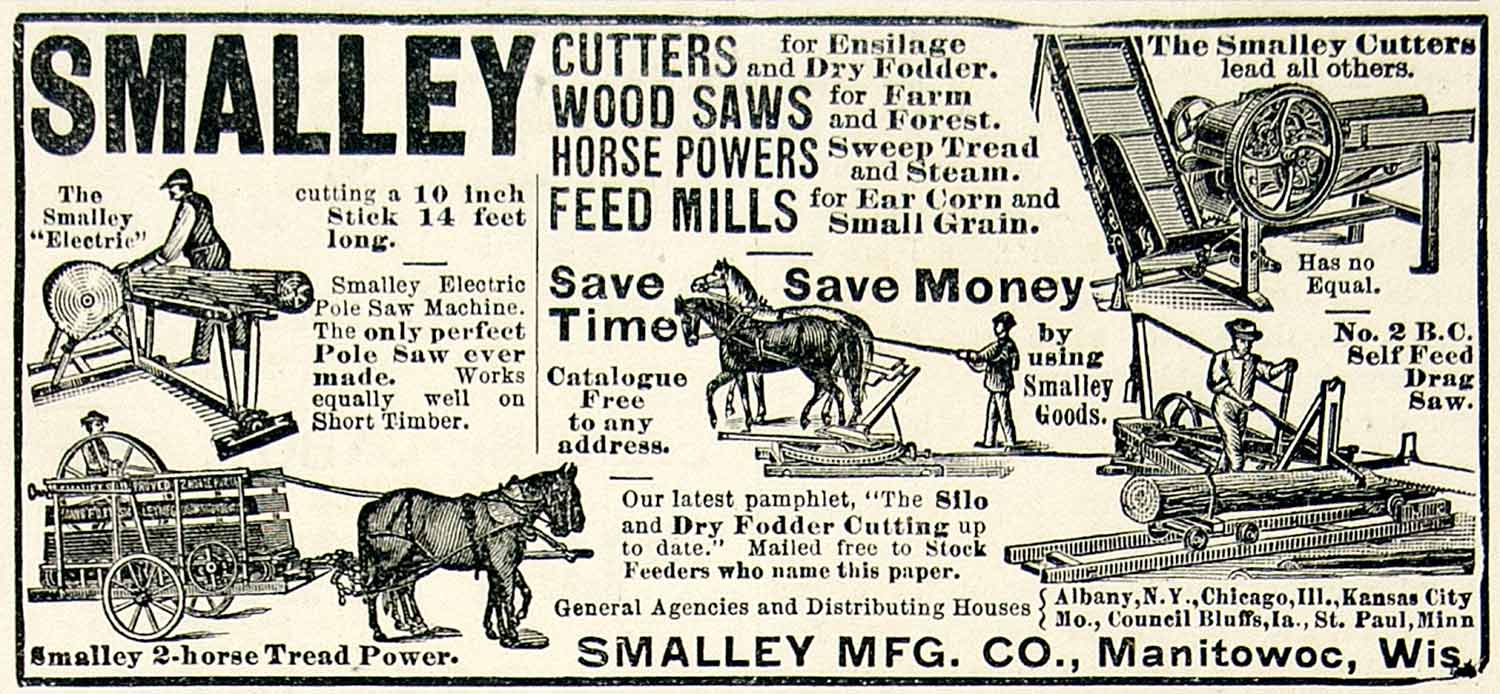1894 Ad Smalley Farm Machinery Cutter Wood Saw Horse Powered Feed Mill CCG1