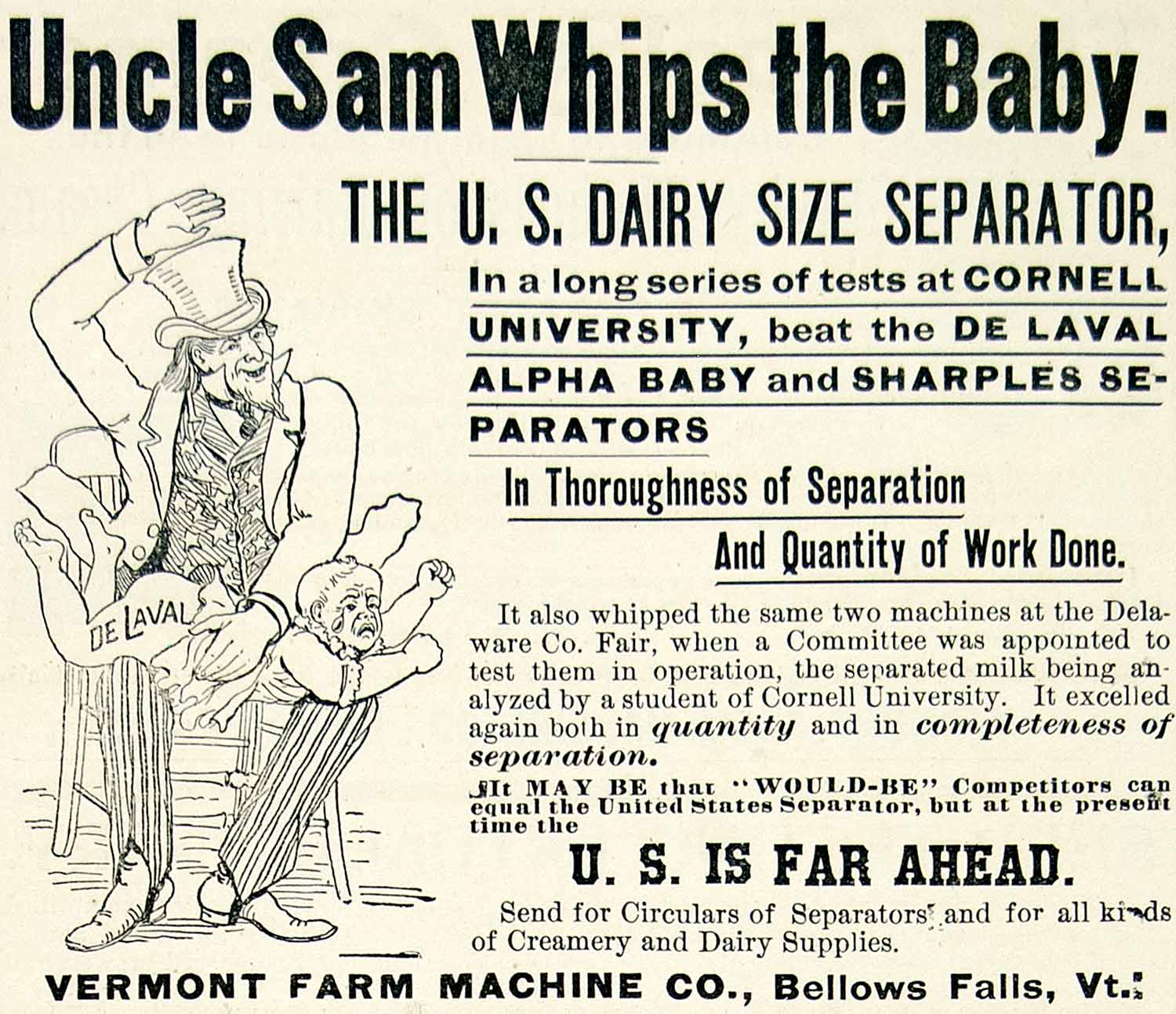 1895 Ad Vermont Farm Machine US Dairy Cream Separator Uncle Sam Baby De CCG1