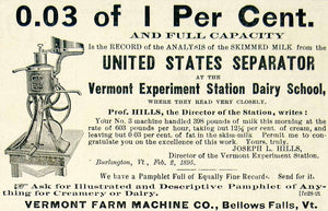 1895 Ad Vermont Farm Machine US Dairy Cream Separator Milk Skimmer CCG1