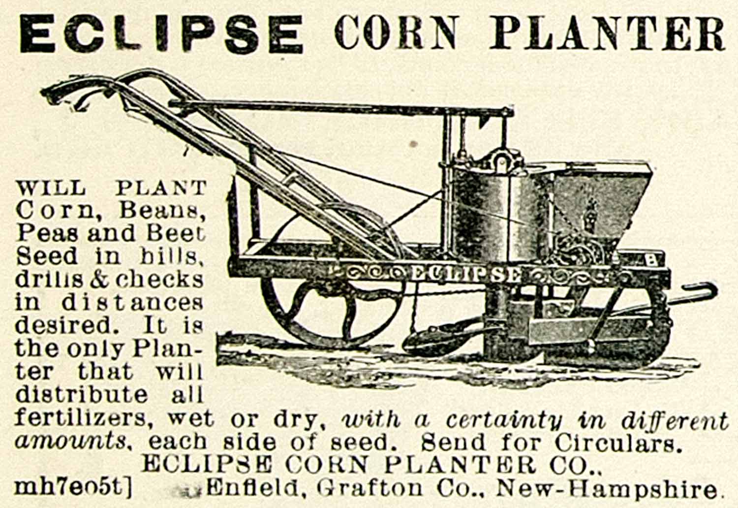 cultivator seed planter 1895 Ad Eclipse Corn Planter Farm Machinery Drill Cultivator Seed CCG1