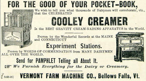 1895 Ad Vermont Farm Machine Cooley Dairy Milk Creamer Agriculture CCG1