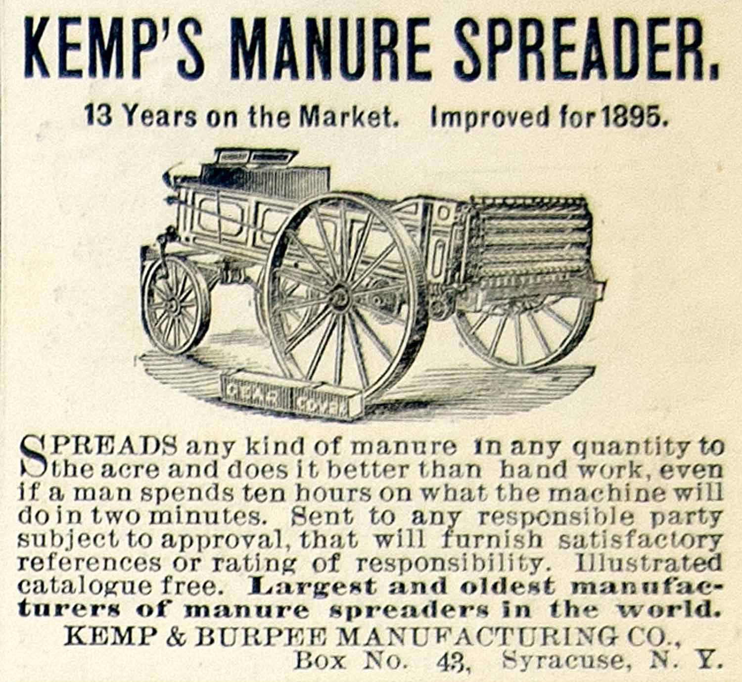 1895 Ad Kemp Burpee Manure Spreader Wagon Fertilizer Distributor Farm CCG1