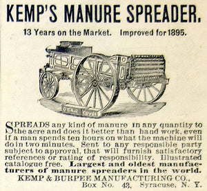 1895 Ad Kemp Burpee Manure Spreader Wagon Fertilizer Distributor Farm CCG1