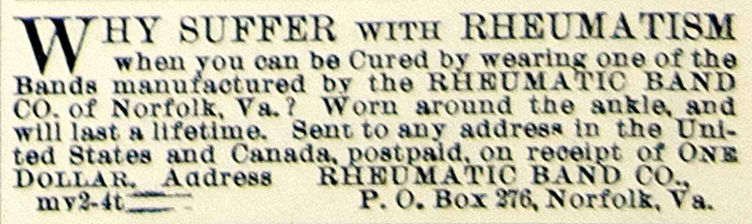 1895 Ad Rheumatic Band Health Medical Quackery Norfolk VA Cure Remedy CCG1