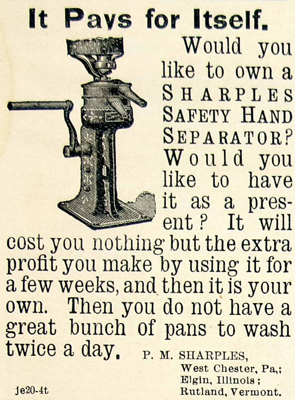 1895 Ad PM Sharples Safety Hand Powered Cream Separator Dairy Farm CCG1