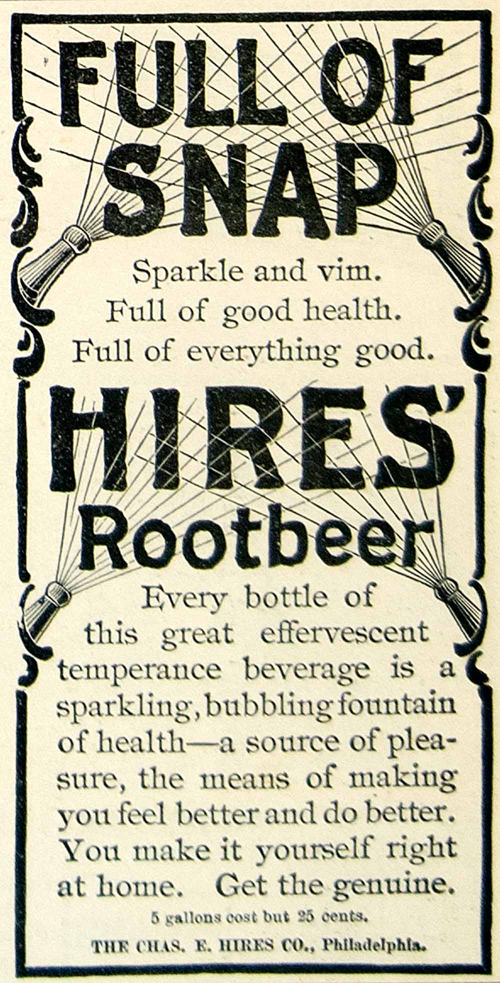 1895 Ad Charles E Hires Root Beer Soda Full Snap Bottle Spray Soft Drink CCG1
