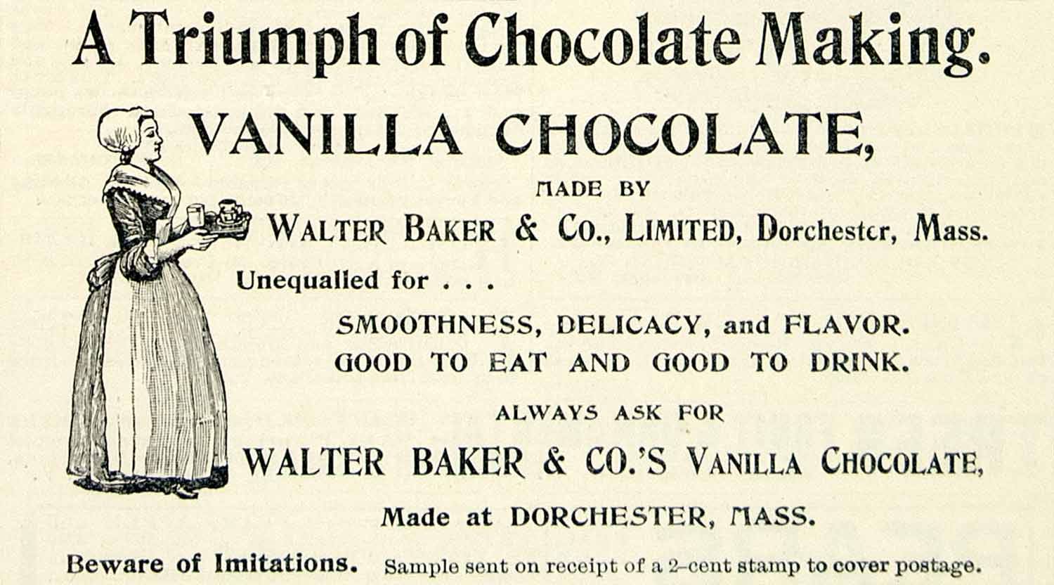 1895 Ad Walter Baker Vanilla Chocolate Colonial Woman Cook Dorchester MA CCG1