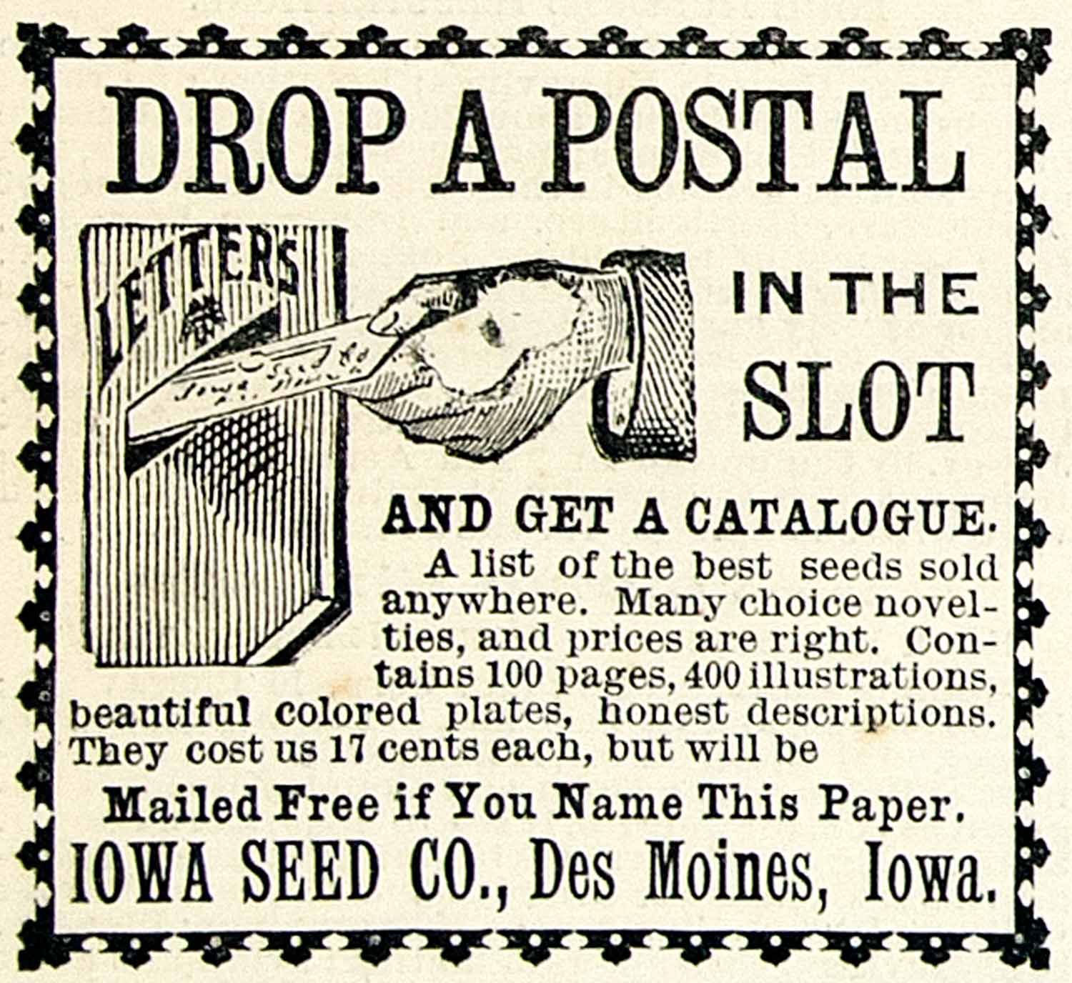 1896 Ad Iowa Seed Postal Letter Drop Slot Des Moines IA Farm Agriculture CCG1