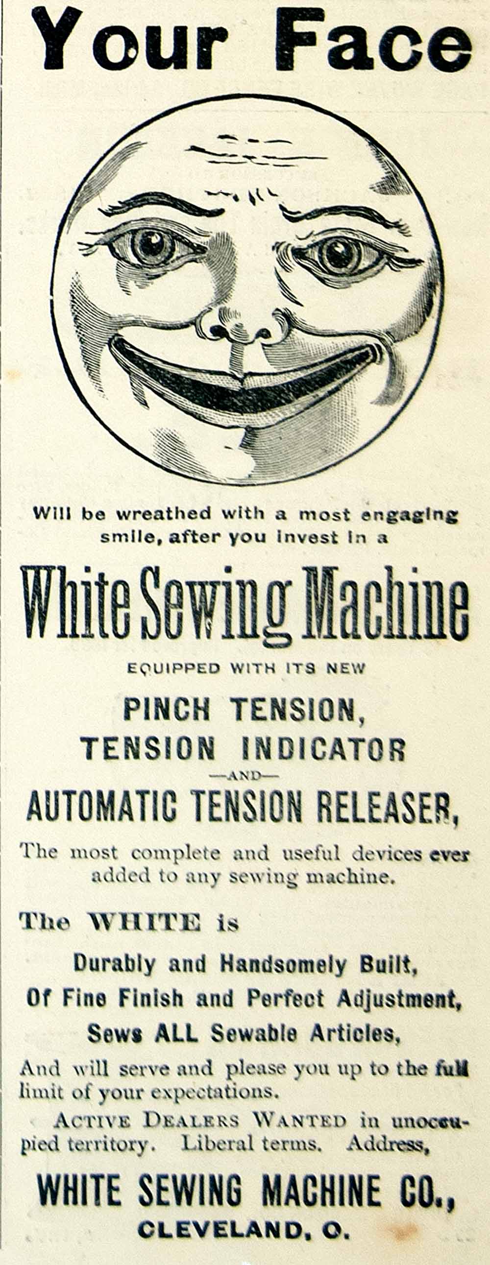 1896 Ad Moon Face Smile White Sewing Machine Cleveland OH Household CCG1