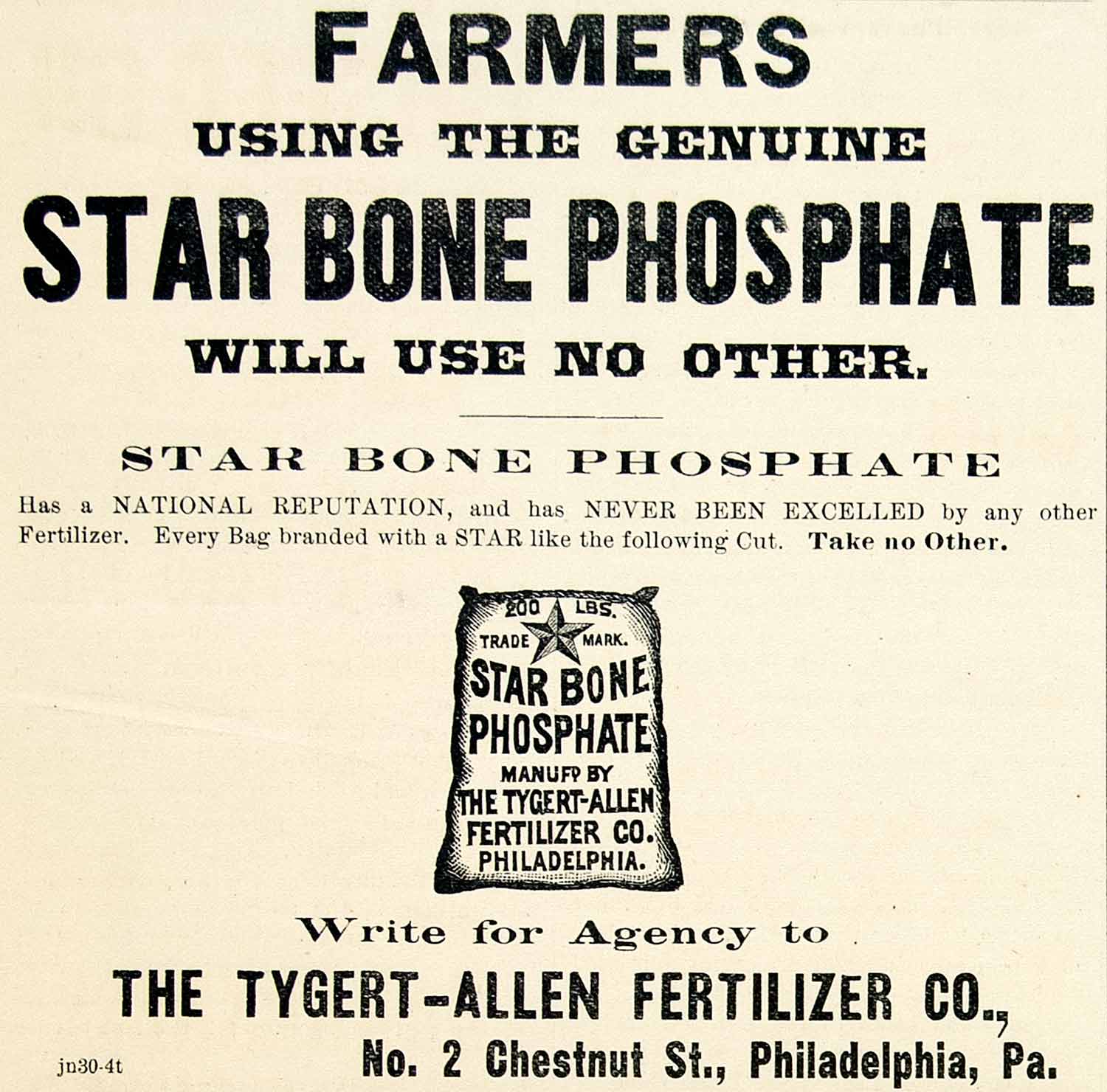 1896 Ad TygertAllen Fertilizer Star Bone Phosphate 2 Chestnut St CCG1